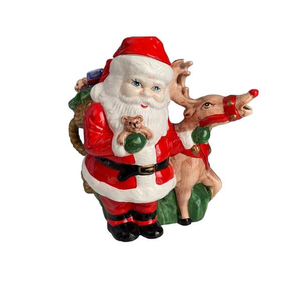 Vintage Teapot Santa Clause Reindeer Christmas Holiday Tea Beverage Dispenser - Picture 12 of 16